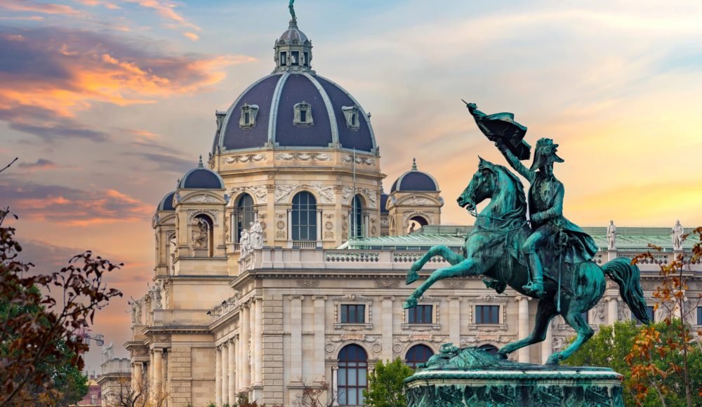 Statue of Archduke Charles and Museum of Natural History dome, Vienna, Austria