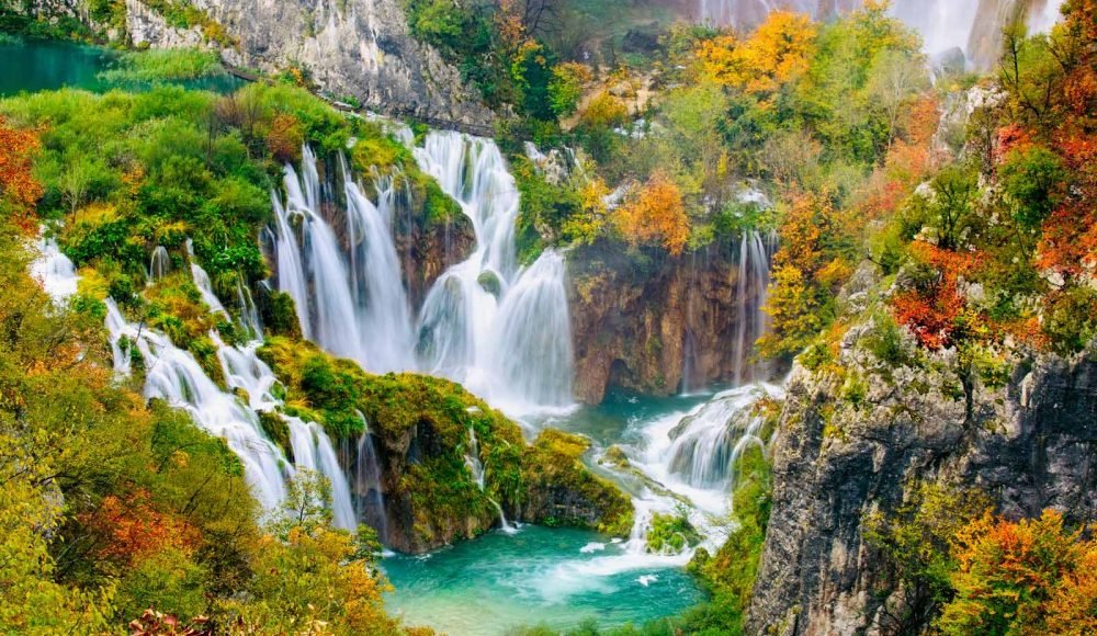 Detailed view of the beautiful waterfalls in the sunshine in Pli